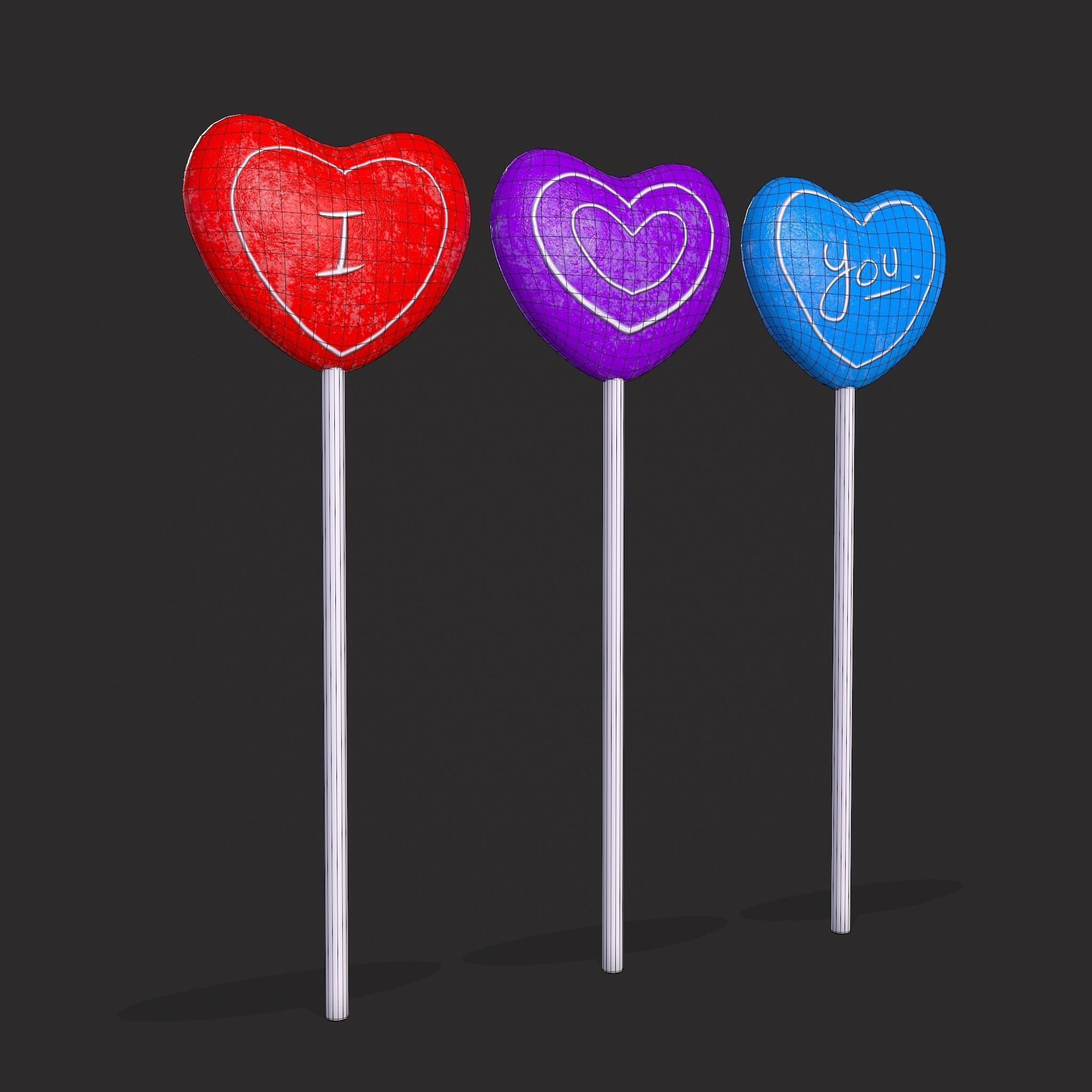 Trio Valentines Suckers Low-poly 3D model_2
