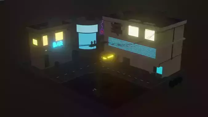 Low-poly street city at night with neon lights