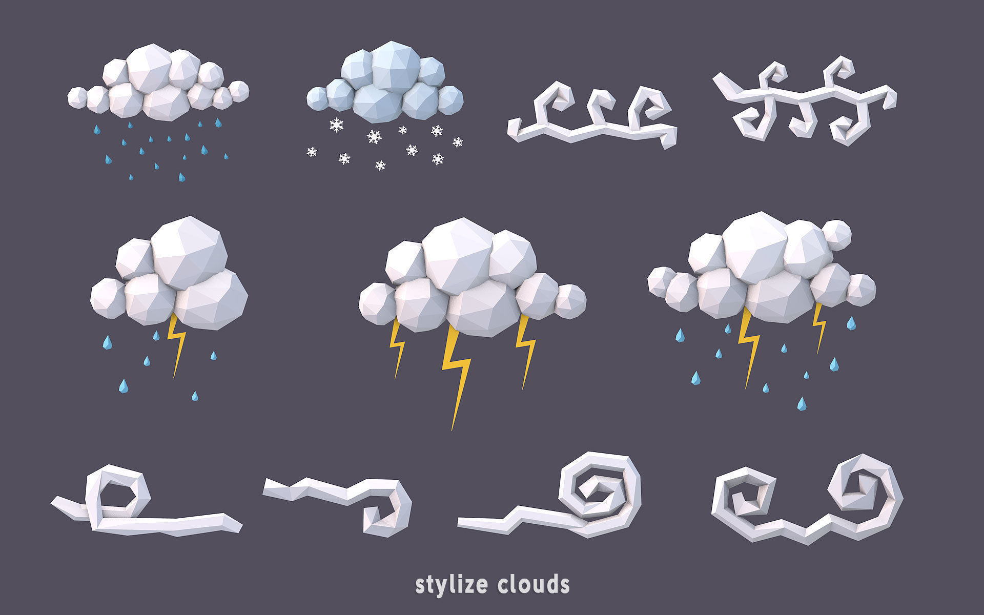 3D Low Poly 100 Clouds Low-poly 3D model_1