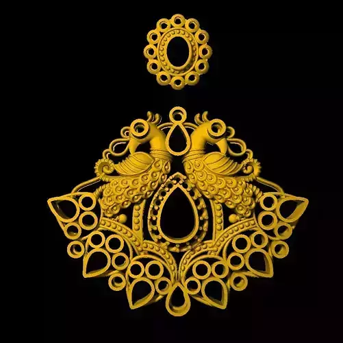 Earring ornate gold pendant with peacock