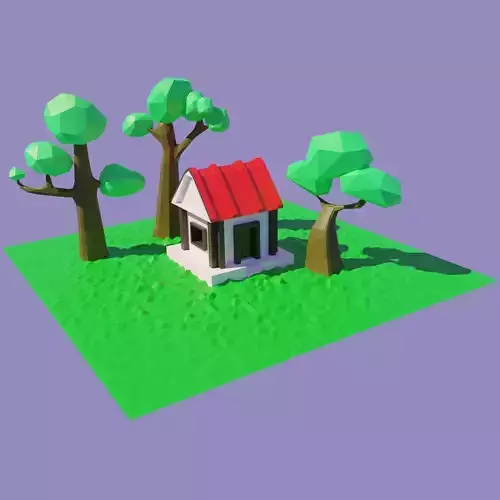 low-poly house with trees