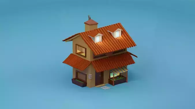 Medieval house with shop low Poly 
