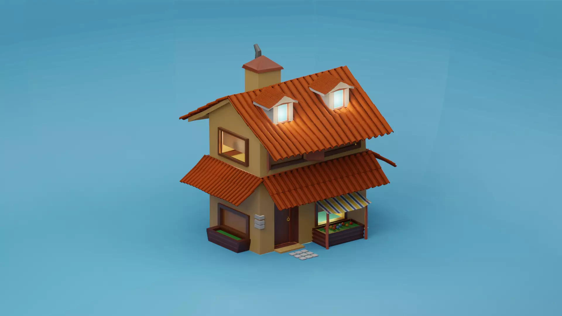 Medieval house with shop low Poly  Free 3D model_0
