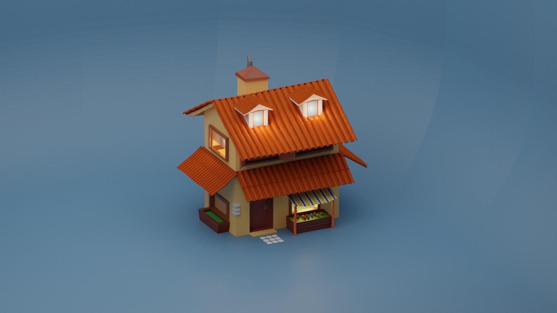 Medieval house with shop low Poly  Free 3D model_4