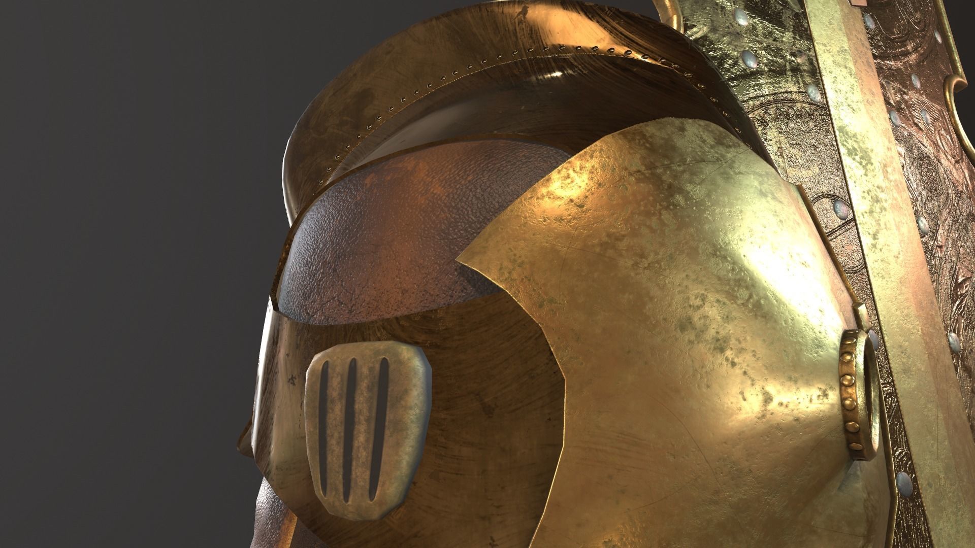 steampunk shield and helmet Low-poly 3D model_9