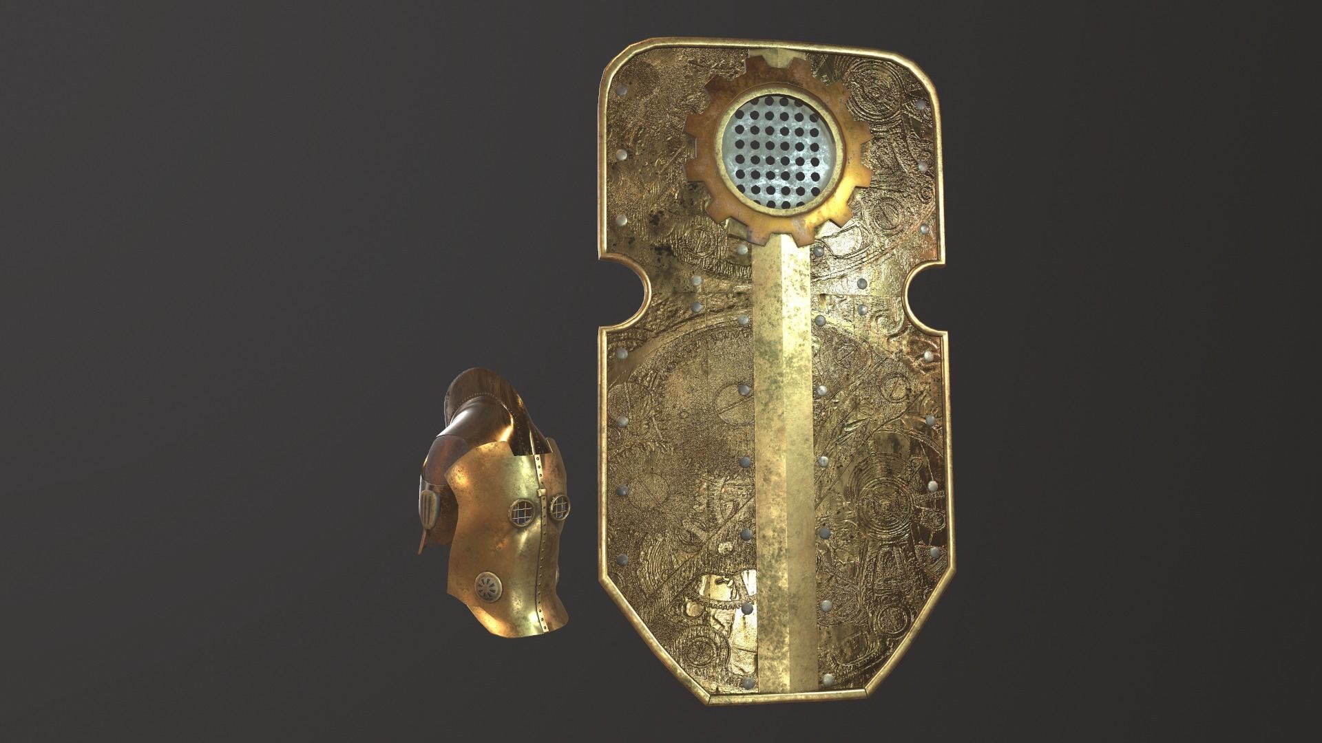 steampunk shield and helmet Low-poly 3D model_4