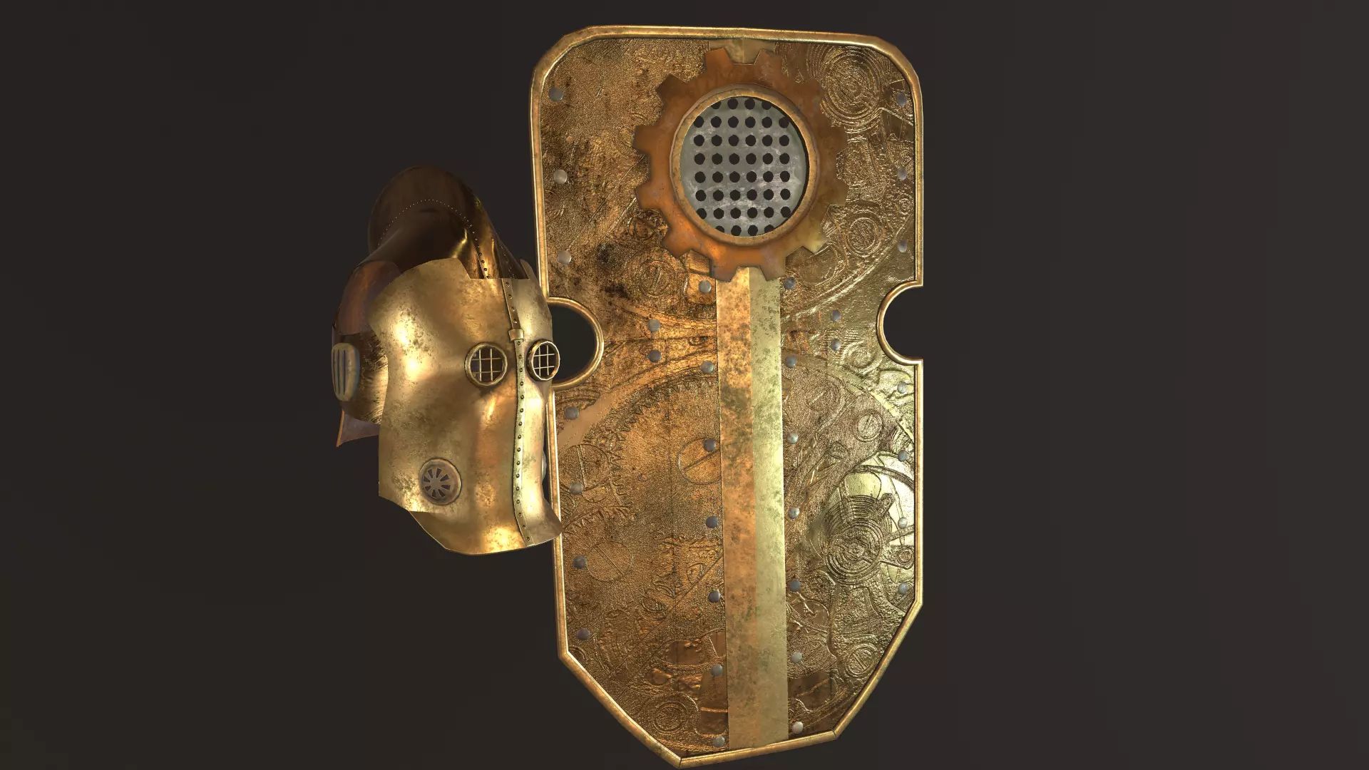 steampunk shield and helmet Low-poly 3D model_0