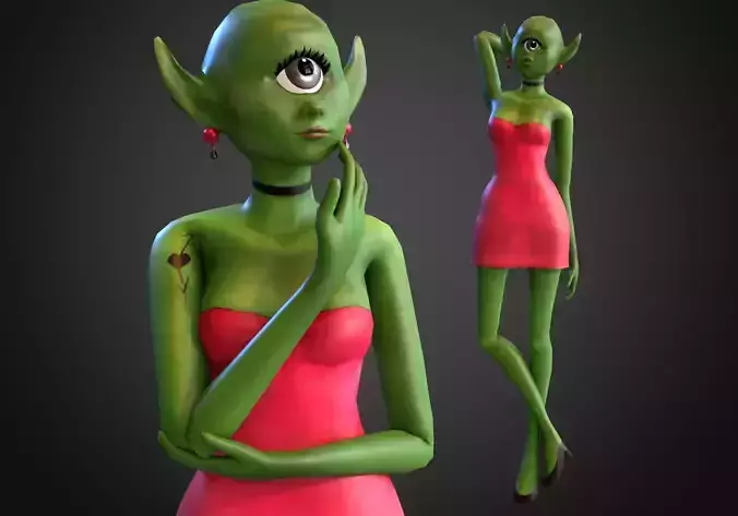 green alien girl rigged low poly