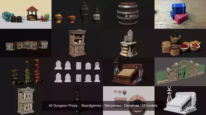 40 Dungeon Props -  Boardgames - Wargames - Dioramas 3D Model Collection