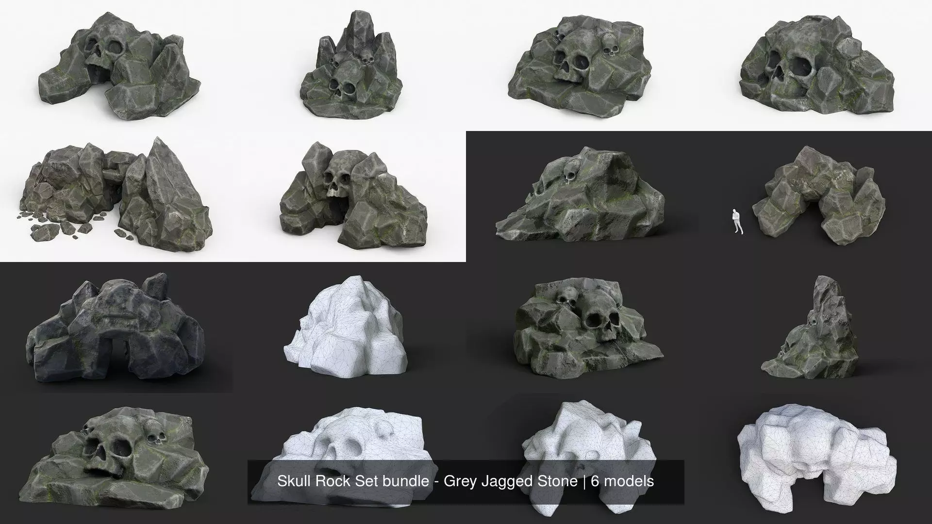 Skull Rock Set bundle - Grey Jagged Stone 3D Model Collection_1