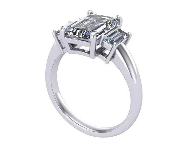 Emerald Cut and Baguette Three Stone Ring  3D print model_0