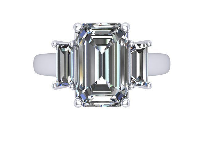 Emerald Cut and Baguette Three Stone Ring  3D print model_1