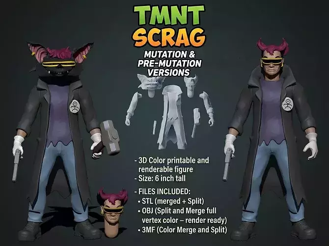 TMNT Scrag  3D Color Printable and Render Ready Figure