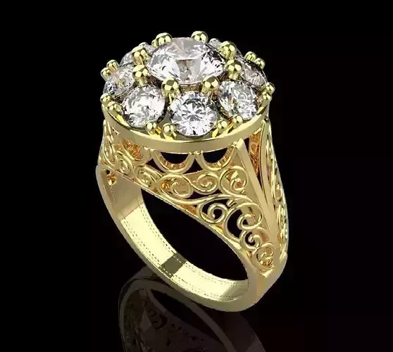 9 gem gold ring with diamonds and filigree