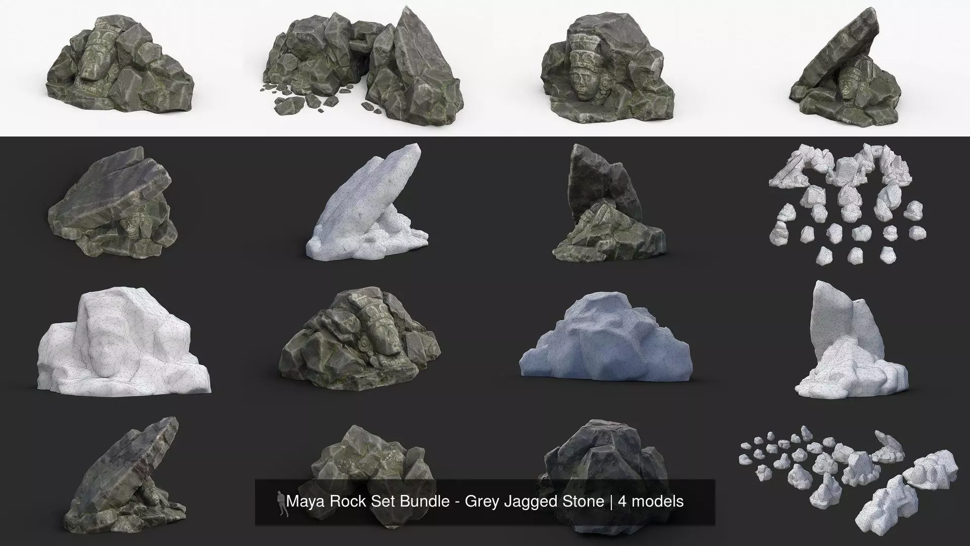 Maya Rock Set Bundle - Grey Jagged Stone 3D Model Collection_1