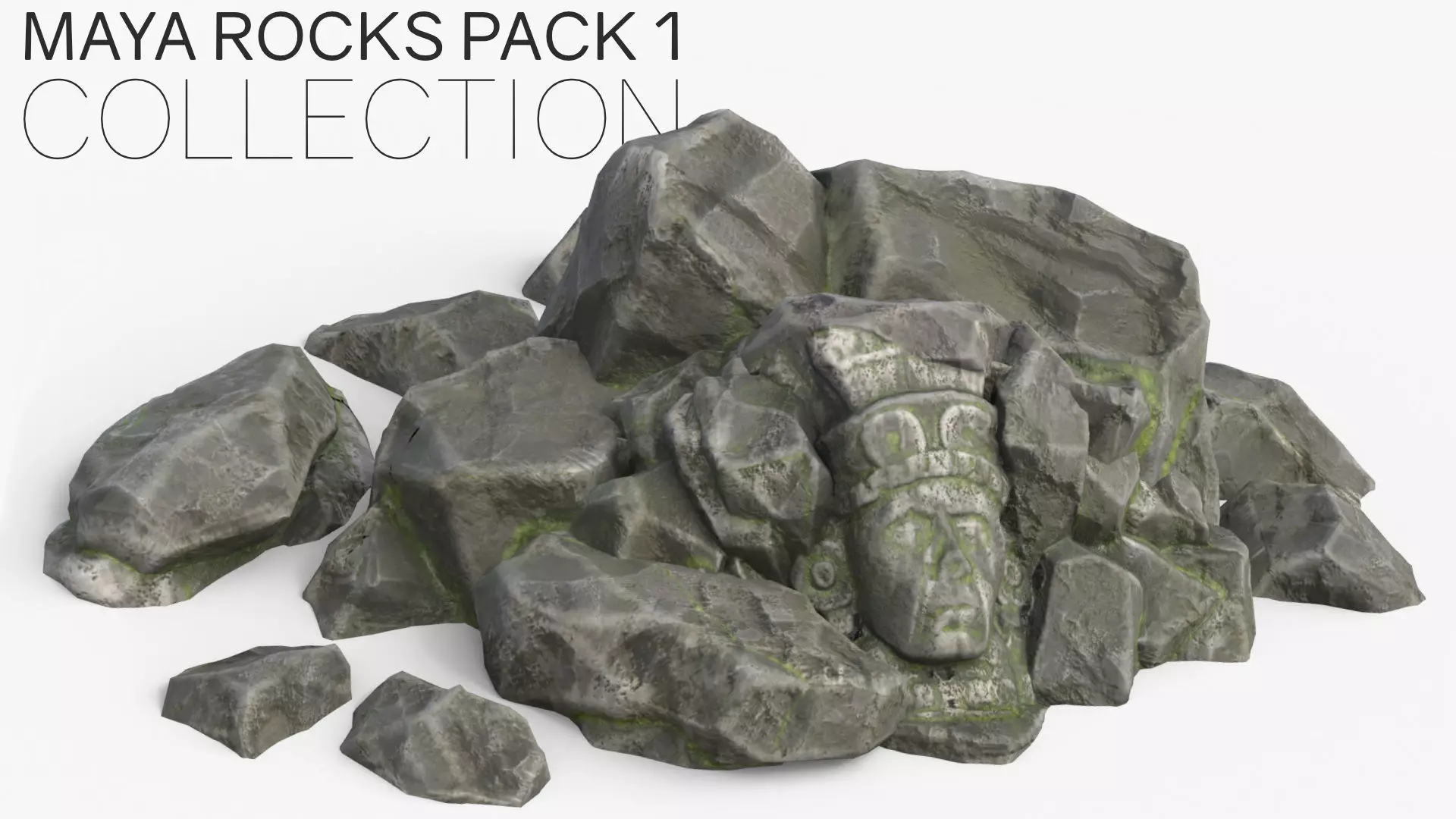 Maya Rock Set Bundle - Grey Jagged Stone 3D Model Collection_0
