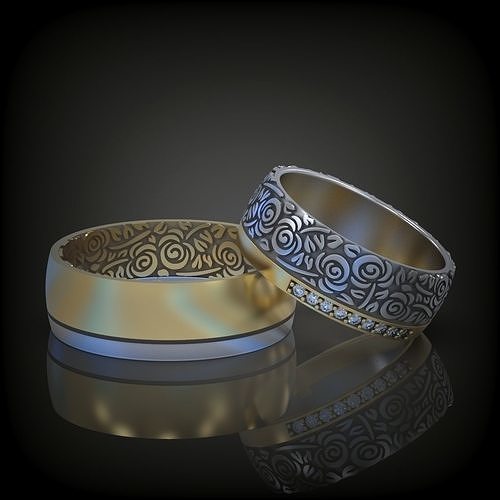 Wedding band promise rings roses diamonds 3D print model