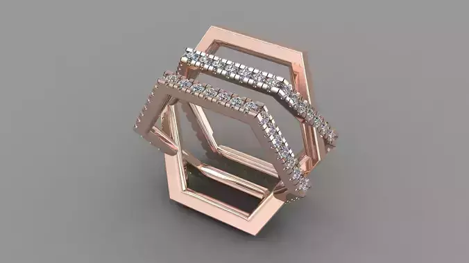 RPY-005 rose gold hexagon ring with diamonds 3D print model
