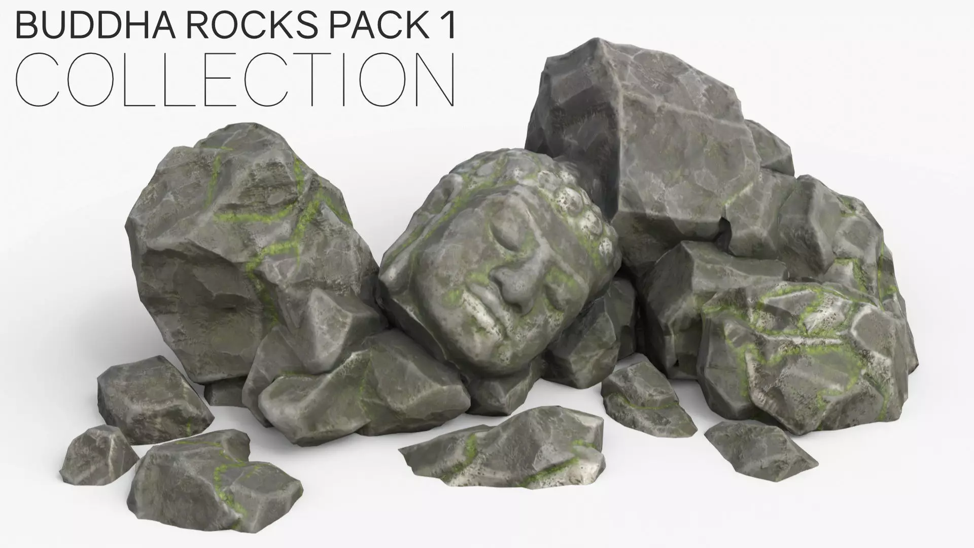 Buddha Rock Set Bundle - Grey Jagged Stone 3D Model Collection_0
