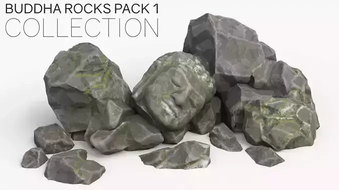 Buddha Rock Set Bundle - Grey Jagged Stone 3D Model Collection