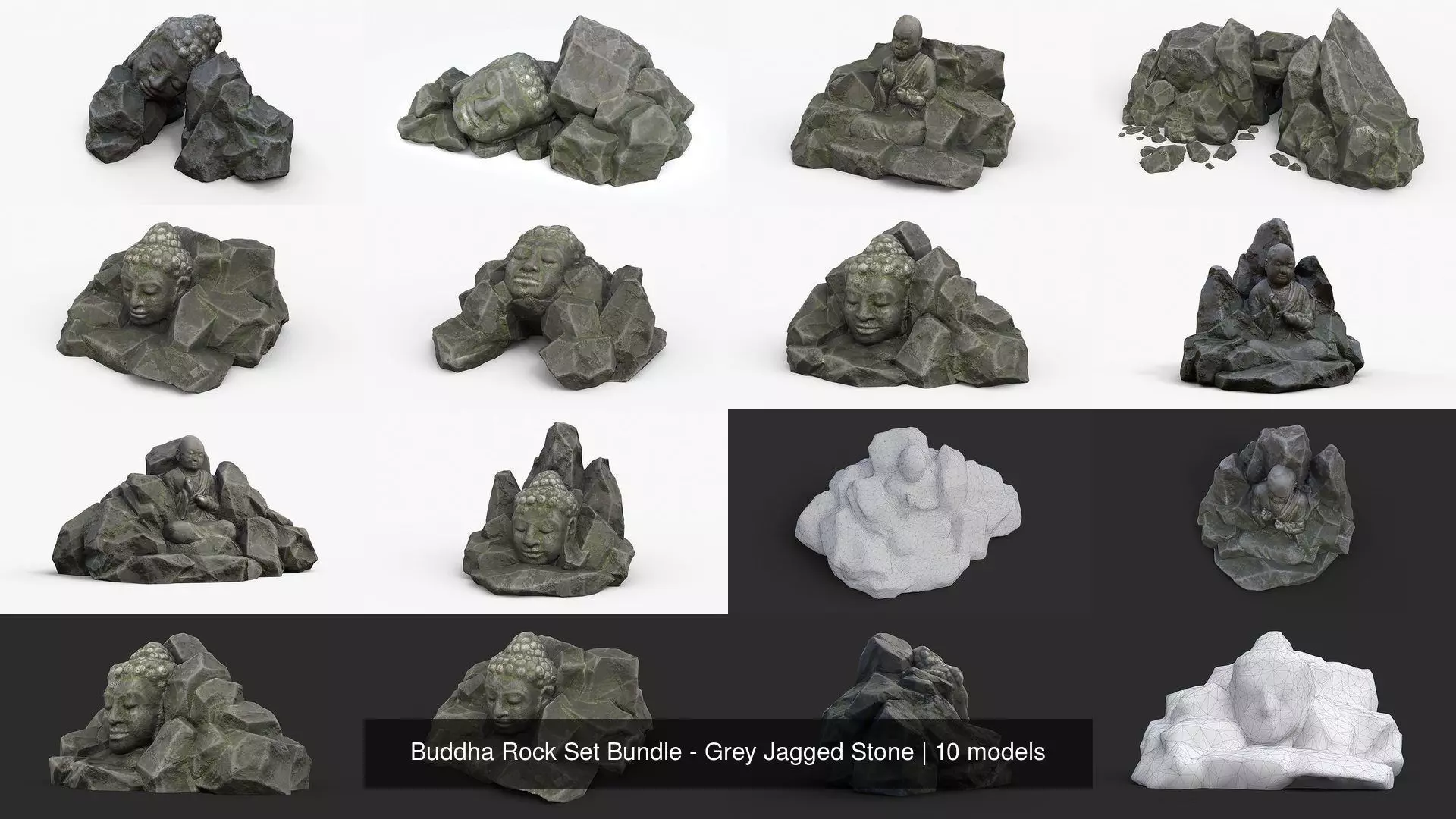 Buddha Rock Set Bundle - Grey Jagged Stone 3D Model Collection_1