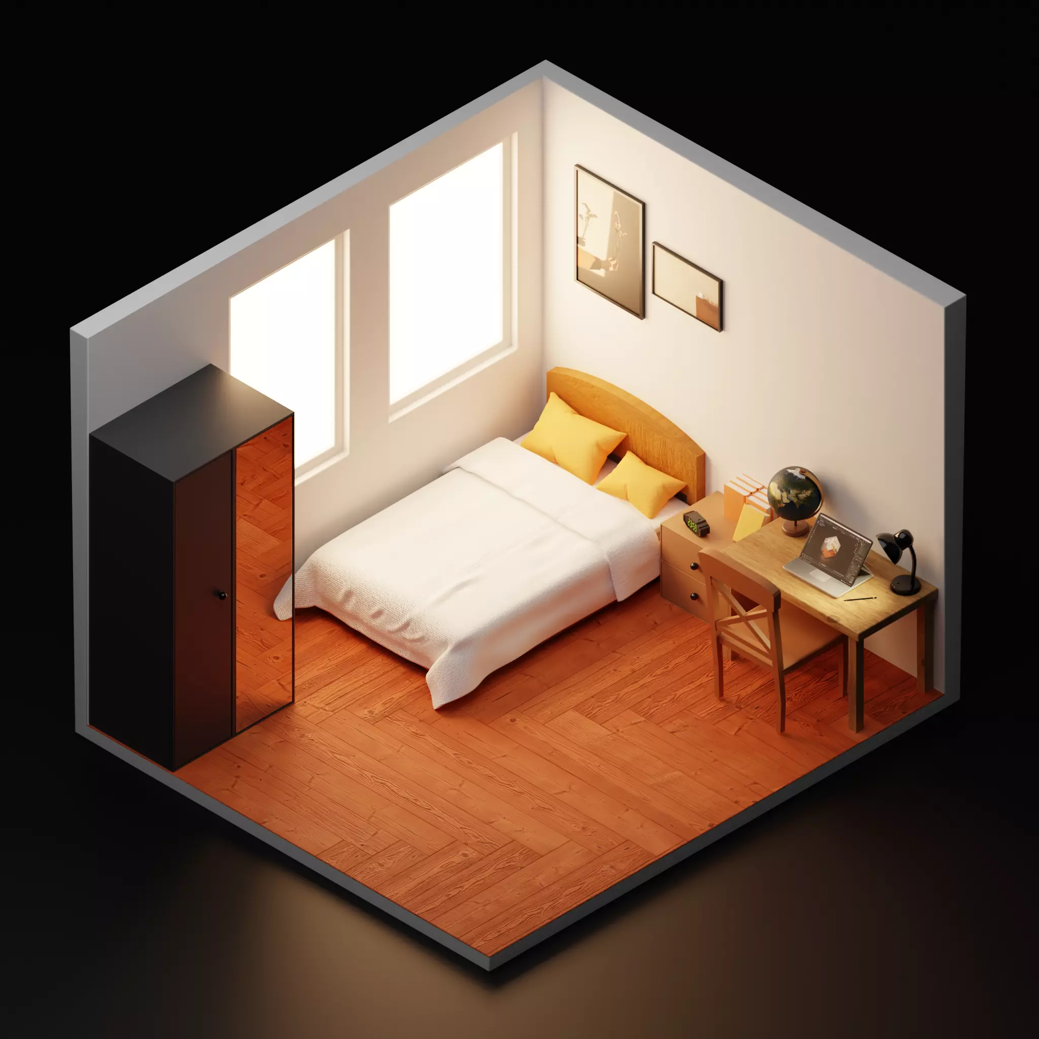 Isometric Bedroom Low-Poly Low-poly 3D model_0
