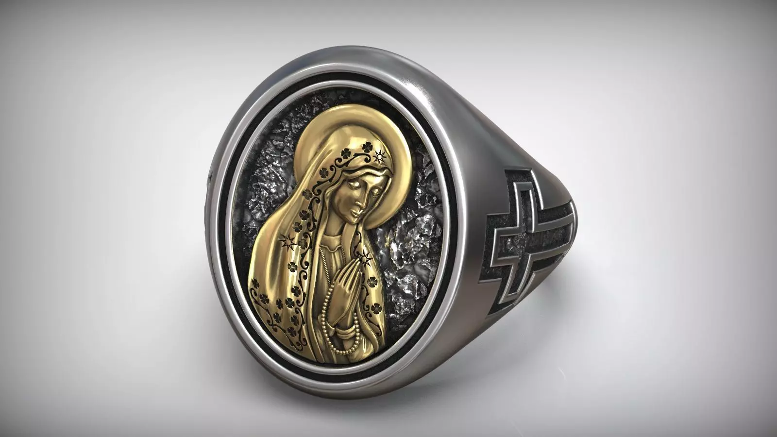 Virgin Mary Signet Silver Ring Gold Inlay 3D print model