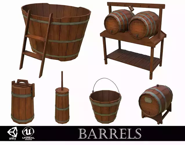 Pack of 6 Medieval Wooden Barrels and Buckets