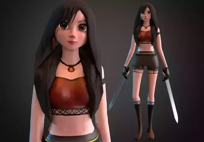 woman fighter rigged low poly