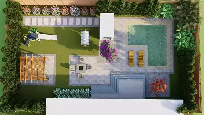 Backyard landscape design with realistic 3d render