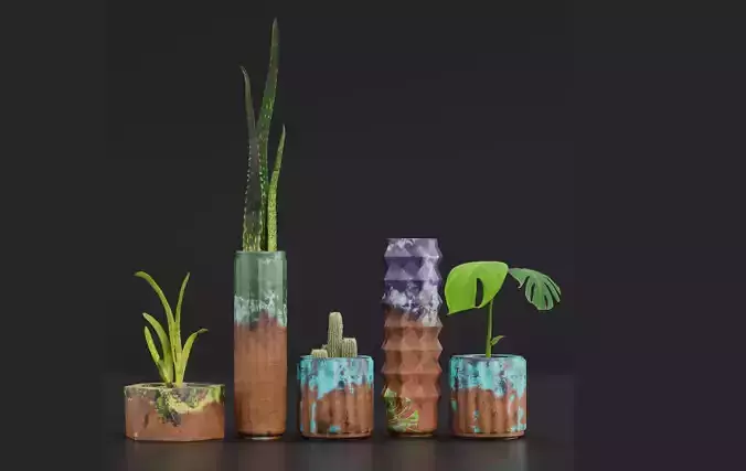 flower set 03 Clay Glazed pot 01