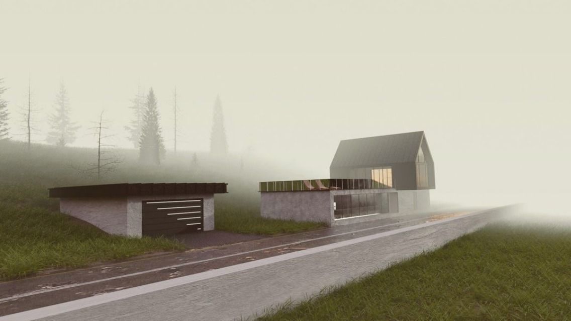 Modern house on a hill with road for car animations  Free low-poly 3D model_1