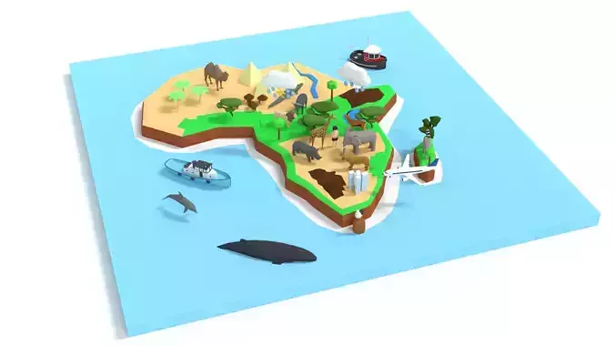 Low Poy Cartoon Africa Map With Animals