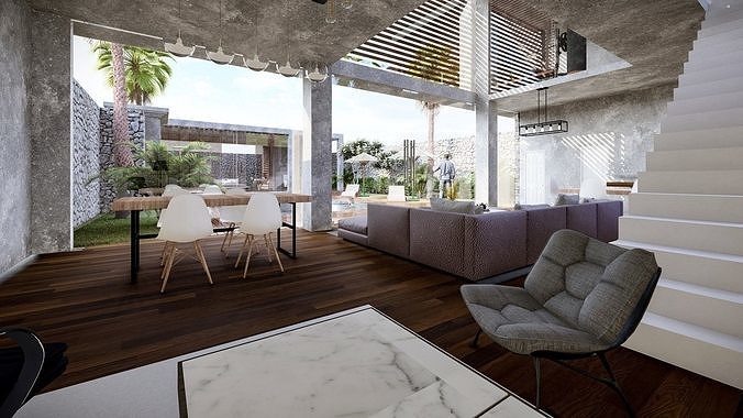 Exterior and Interior House with open water pool in courtyard 3D model 5