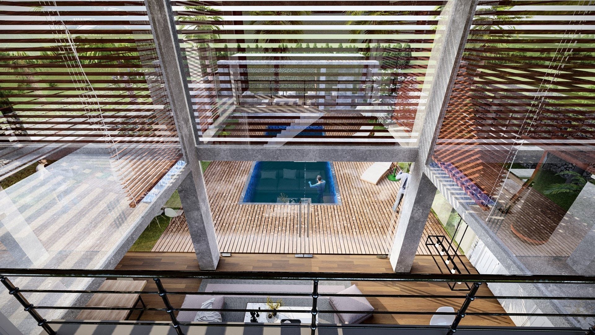 Exterior and Interior House with open water pool in courtyard 3D model_1