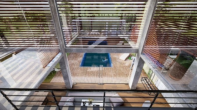 Exterior and Interior House with open water pool in courtyard 3D model 2