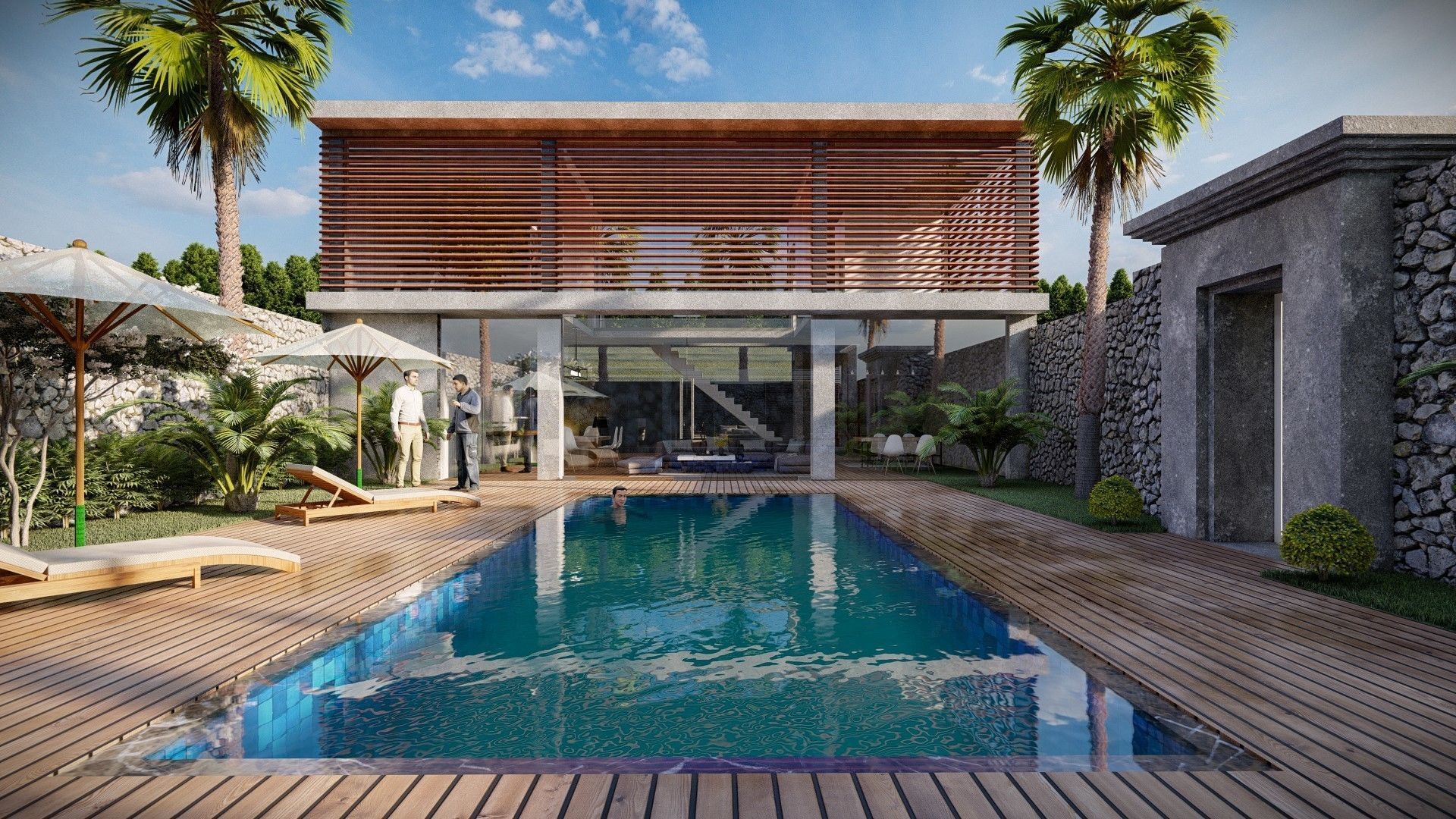 Exterior and Interior House with open water pool in courtyard 3D model_0