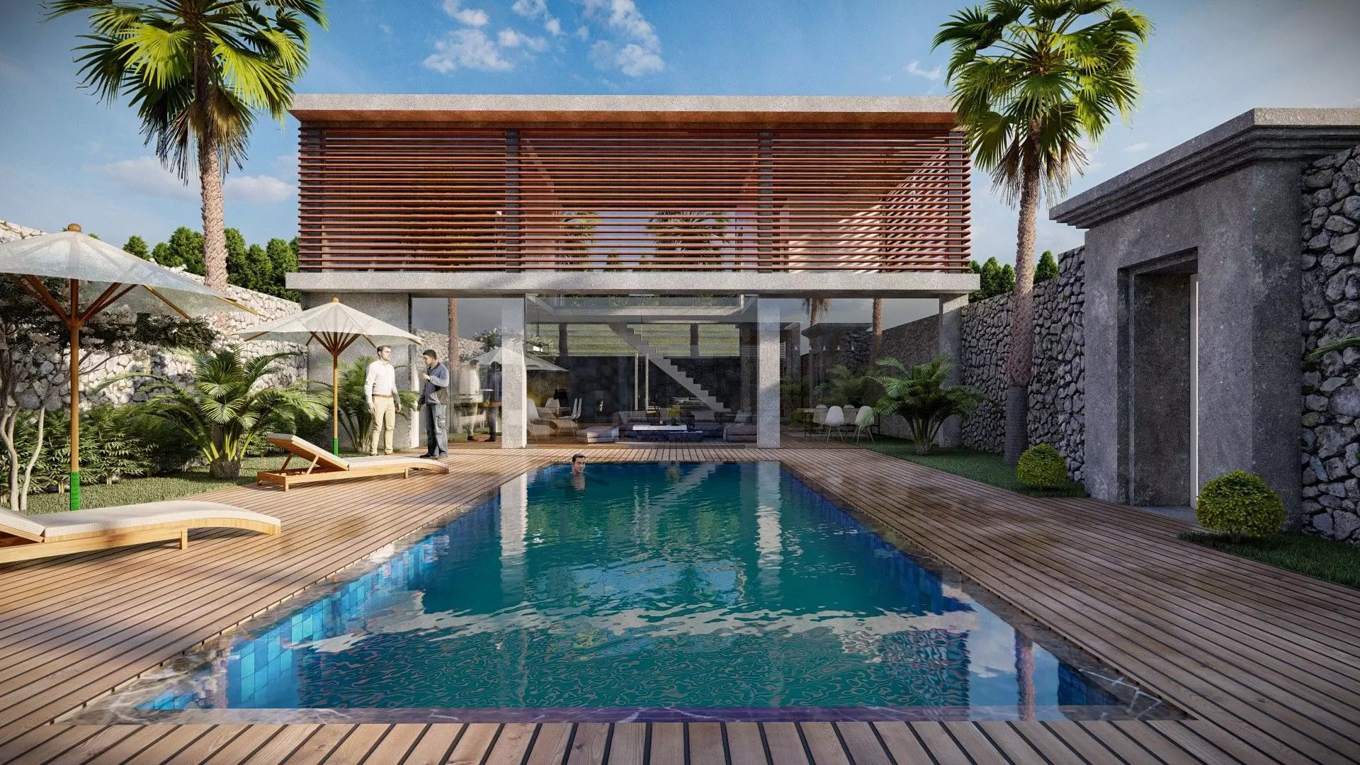 Exterior and Interior House with open water pool in courtyard 3D model