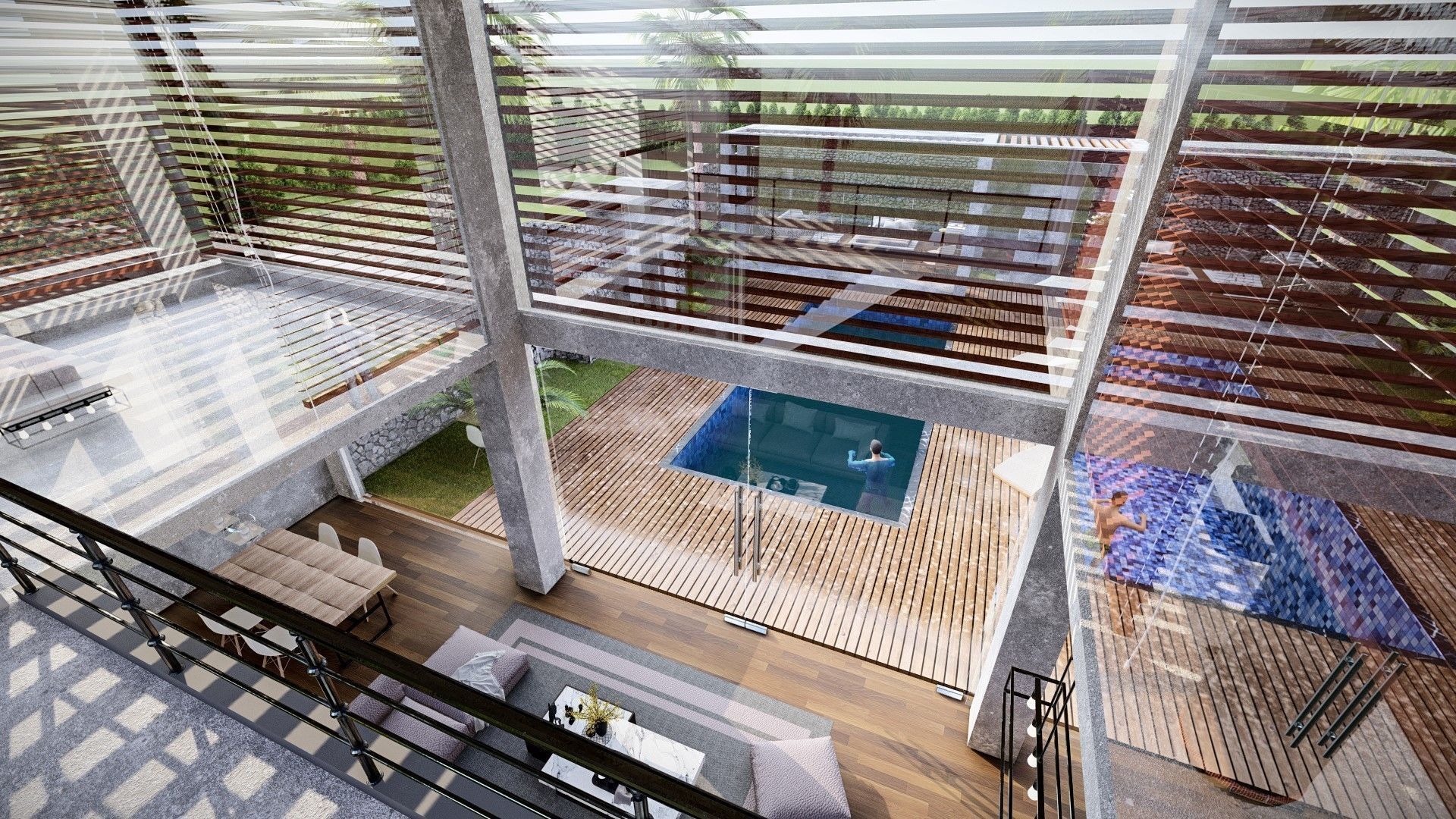 Exterior and Interior House with open water pool in courtyard 3D model_7