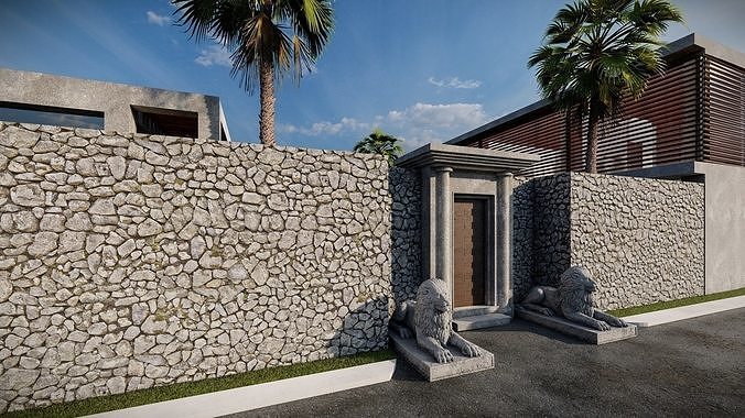 Exterior and Interior House with open water pool in courtyard 3D model 6