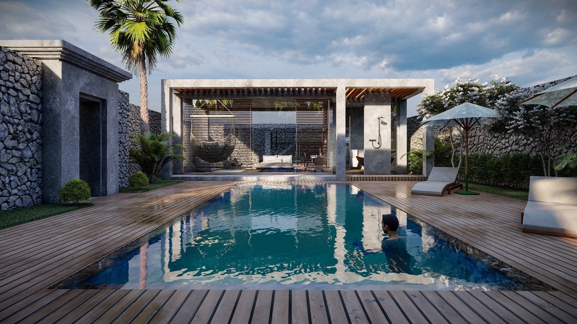 Exterior and Interior House with open water pool in courtyard 3D model_3