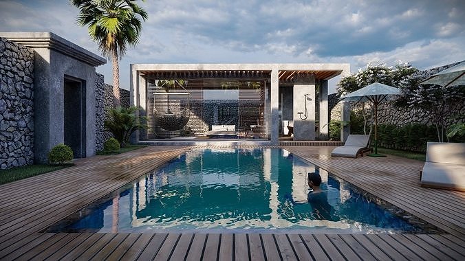 Exterior and Interior House with open water pool in courtyard 3D model 4