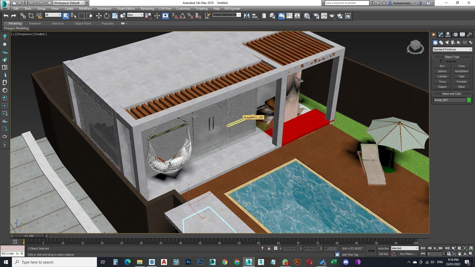 Exterior and Interior House with open water pool in courtyard 3D model_14