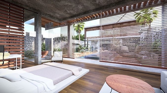 Exterior and Interior House with open water pool in courtyard 3D model 7