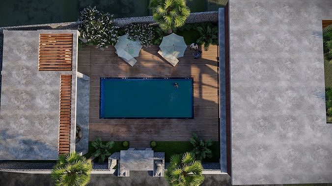 Exterior and Interior House with open water pool in courtyard 3D model 3