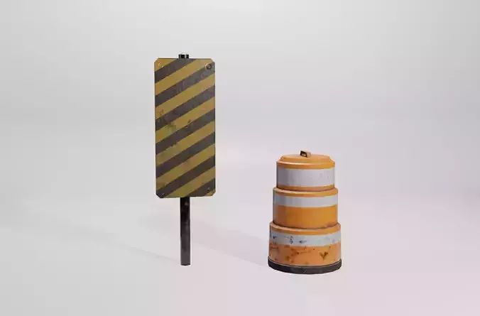 Beware black-yellow sign and orange cone gameready Low-poly 3D model