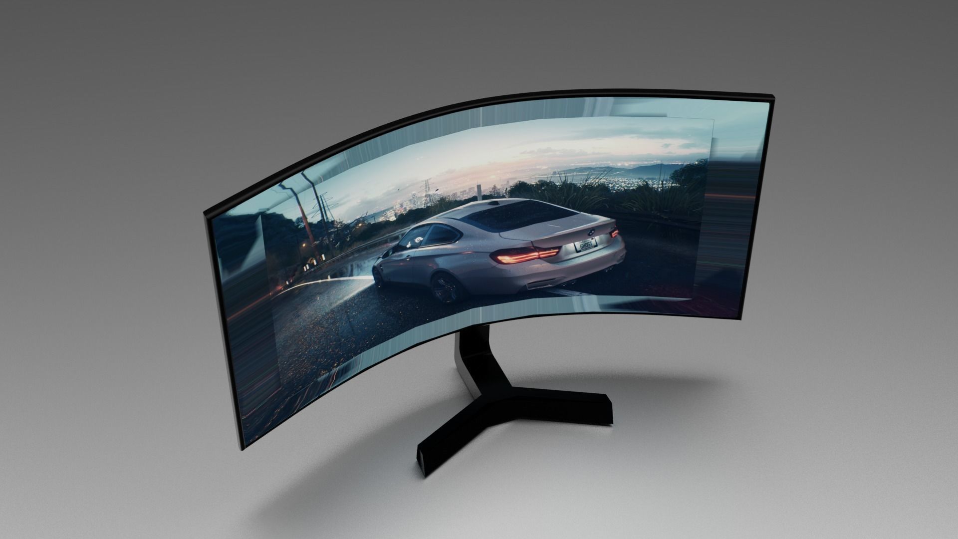 Monitor curved tv screen with car Free 3D model_3