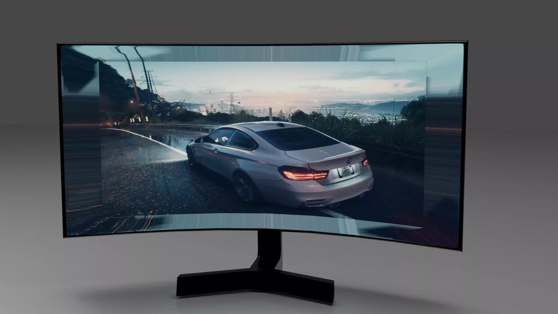 Monitor curved tv screen with car Free 3D model_0