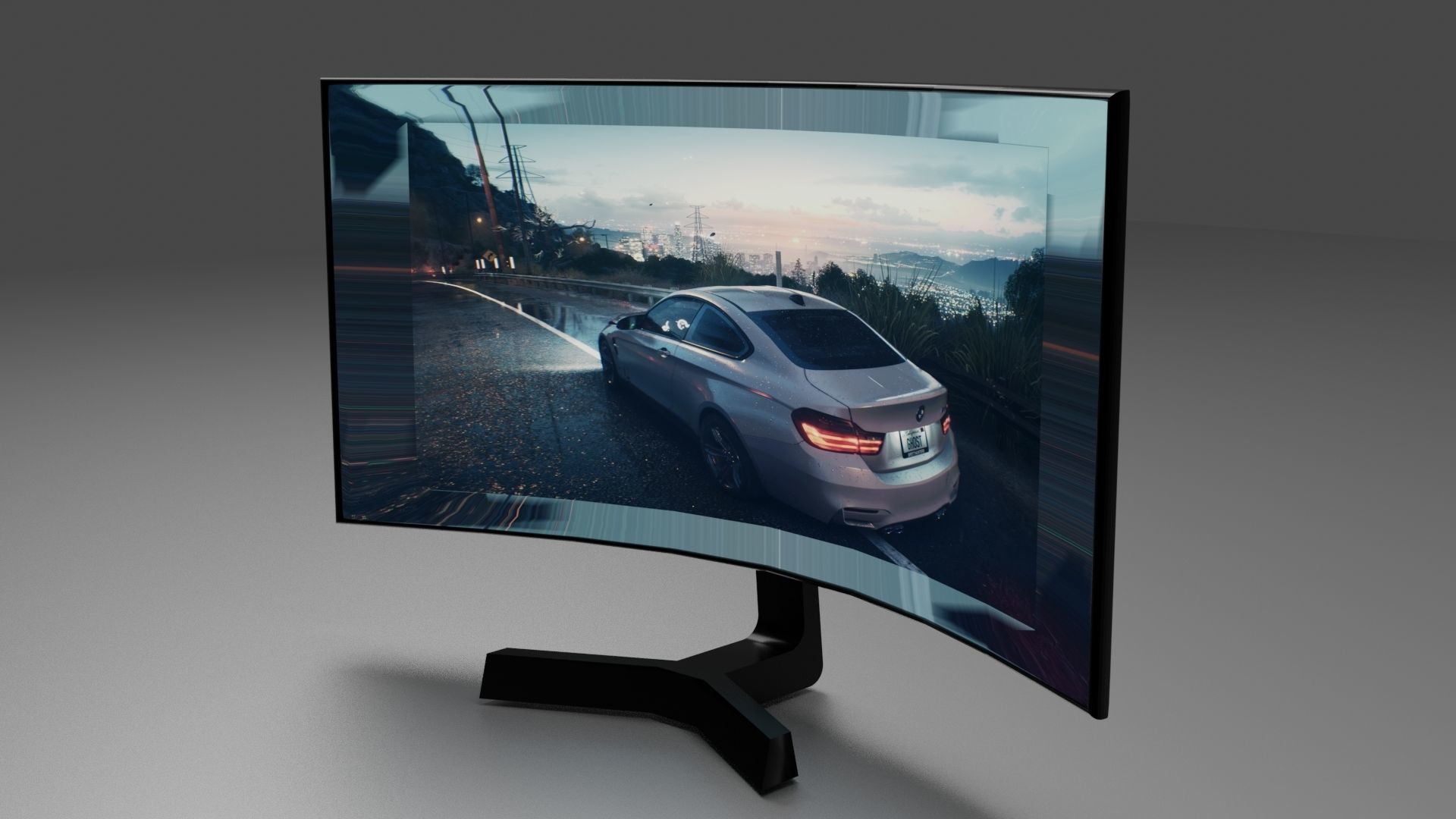 Monitor curved tv screen with car Free 3D model_1