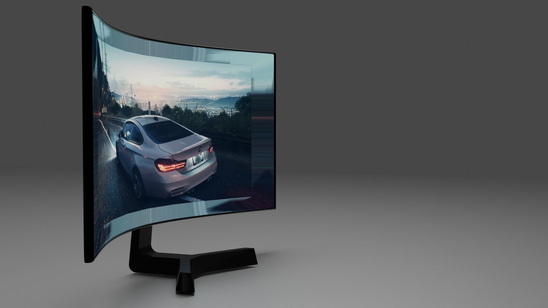 Monitor curved tv screen with car Free 3D model_2